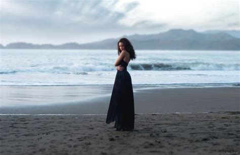 Wallpaper Women Outdoors Sea Flowers Rock Shore Brunette Sky Photography Beach Dress