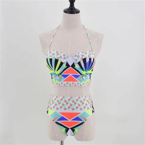 Sexy Women Swimwear Geometric Printed Push Up Brazilian Bikini Halter