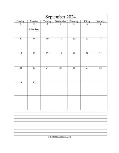 September 2024 Calendar With Notes Printable Lila Opalina