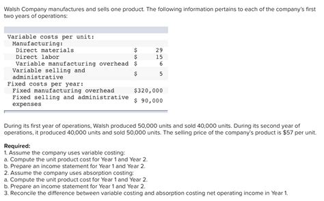 Solved Walsh Company Manufactures And Sells One Product The Chegg