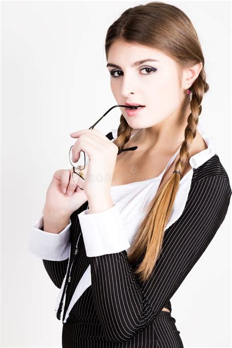 Secretary Portrait Of Beautiful Brunette Business Lady Wearing In Pinstripe Suit Biting The