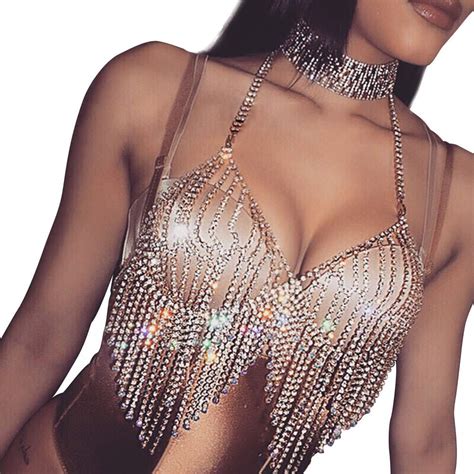 Shiny Sequin Chain Bra Jewelry Silver Or Gold Rhinestone Body Chain