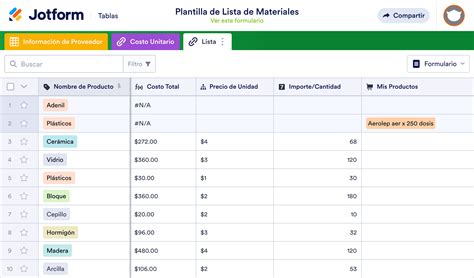 Plantilla De Lista De Materiales Plantilla Jotform Tablas