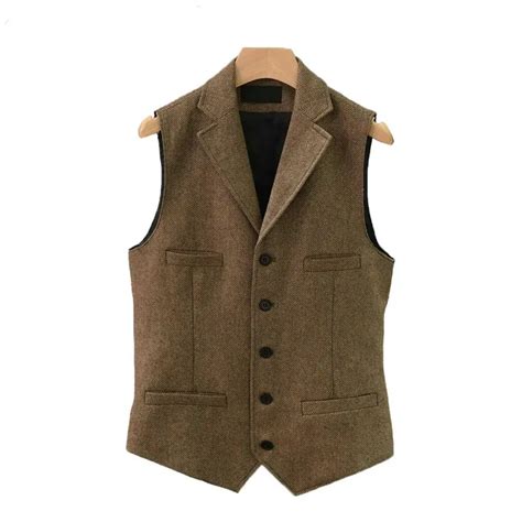 Suit Vest Men Wool Tweed British Style Waistcoat Brown Classic Slim Fit