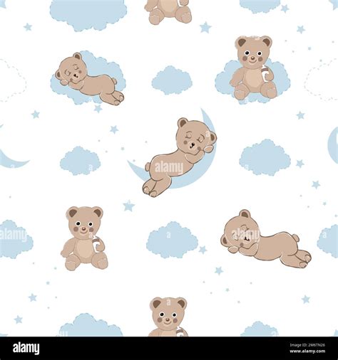 Cute Teddy Bears With Clouds Stars And Moons Seamless Fabric Design