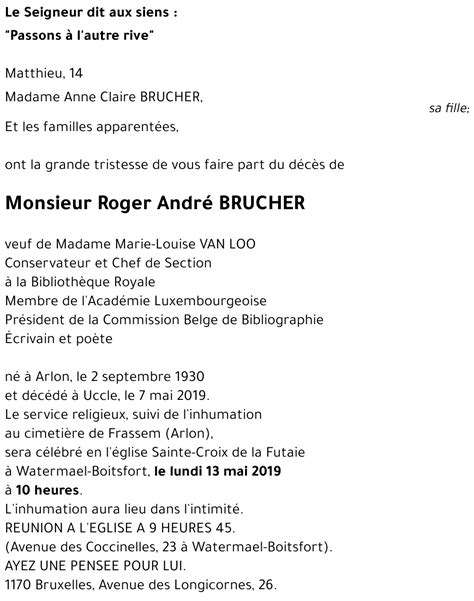 Avis De Décès De Roger André Brucher Décédé Le 07052019 à Ukkel