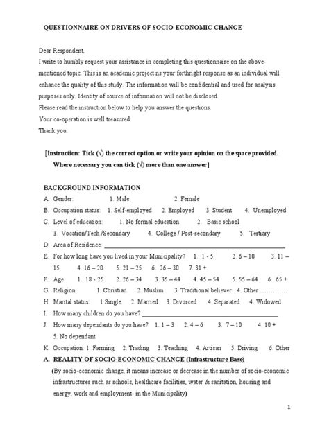 Questionnaire On Drivers Of Socio Economic Change Pdf