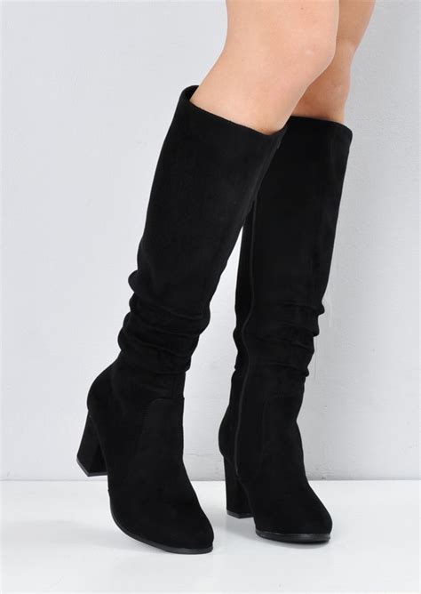 Block Heel Faux Suede Ruched Knee High Boots Black Boots Knee High Boots Suede Boots Knee High