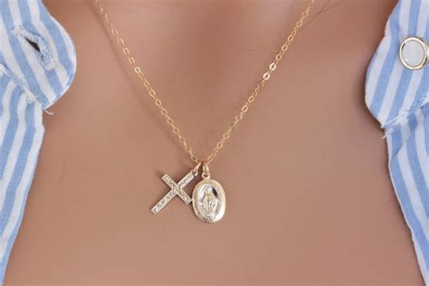 Virgin Mary And Cross Pendant Necklace Vintage Cross Necklace