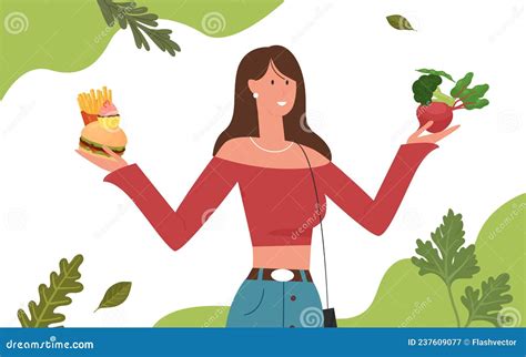 Woman Choosing Between Healthy And Unhealthy Food Girl Thinking About Diet Choice Stock Vector