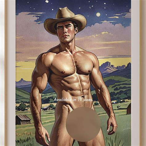 Gay Cowboy Pinup Illustration Full Frontal Nudity Artwork Of Classic Homoerotic Cowboy Naked
