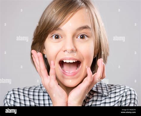 Close Up Emotional Portrait Of Excited Little Girl Funny Cute