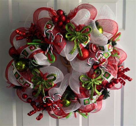 Items Similar To White Red And Green Deco Mesh Christmas Wreath On Etsy