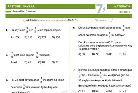 S N F Rasyonel Say Problemleri Testi Pdf Ndir Matematik Vakti