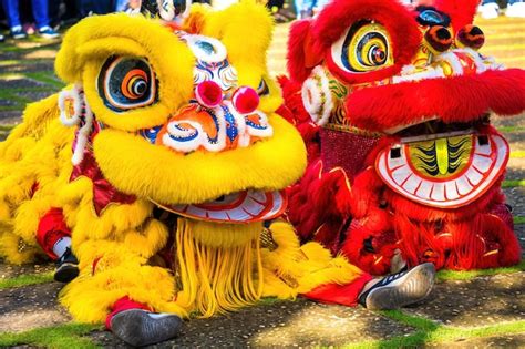 Um chefe de dança do leão chinês no festival do ano novo chinês dança