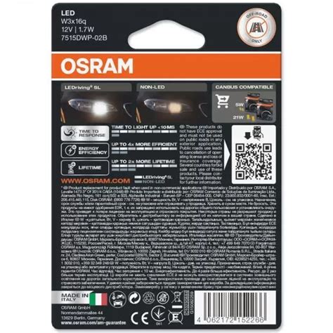 OSRAM LEDriving SL LED W21 5W 6000K Cool White Twin Car Bulbs