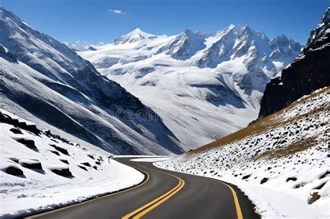 Majestic Mountain Road Winding Through Snowy Peaks Under A Vibrant Blue