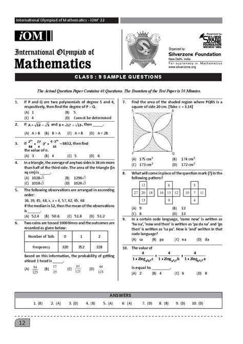 Silverzone Iom Sample Paper 2024 25 For Class 9 International Olympiad Of Mathematics Aglasem