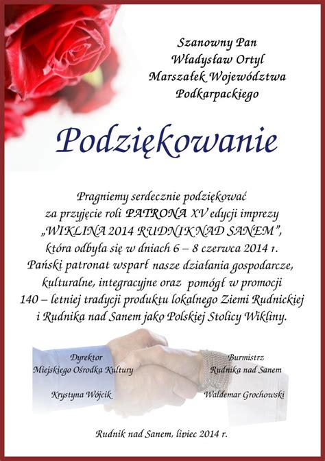 Podziękowania Centrum Wikliniarstwa