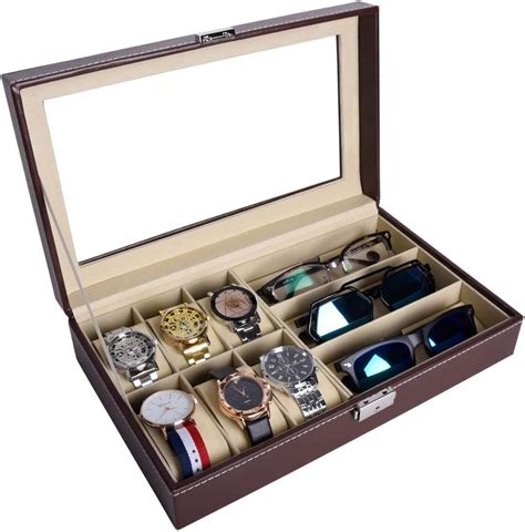 AUTOARK PU Leder 6 Uhren Box Jewelry Case und 3 Stück Brillen