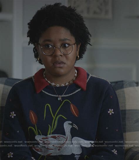 Wornontv Beths Blue Embroidered Swan Sweater On Stargirl Anjelika Washington Clothes And