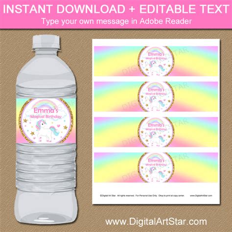 Unicorn Rainbow Birthday Water Bottle Labels Digital Art Star Worksheets Library