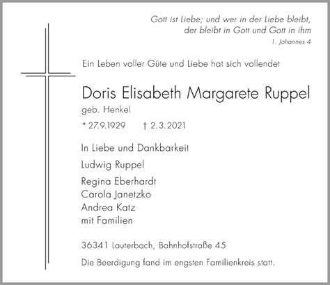 Traueranzeigen Von Doris Elisabeth Margarete Ruppel Vrm Trauer De