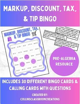 Markup Discount Tax Tip BINGO Game 30 Unique Bingo Cards With