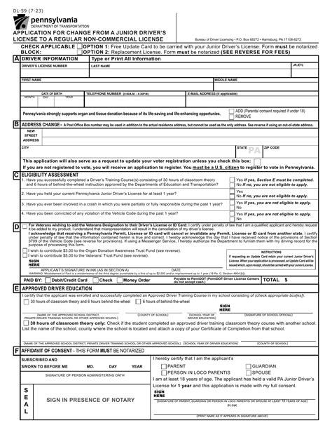 PA DOT Form DL-59. Application For Change From A Junior Driver's