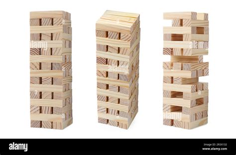 Set Of Jenga Towers On White Background Stock Photo Alamy