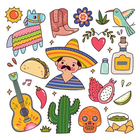 Premium Vector Set Of Cartoon Mexican Traditional Culture Doodle