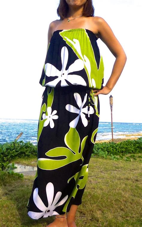 Tiare Polynesian Long Black Dress Plumeria Sun Pareo Summer Dress Hawaiian Style Pareo