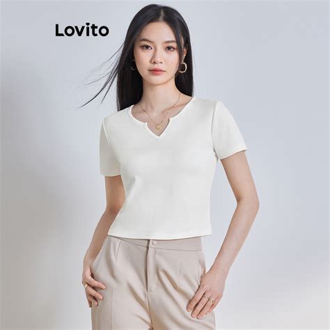 Lovito Camisetas B Sicas Lisas Elegantes Para Mujer L Ed Blanco