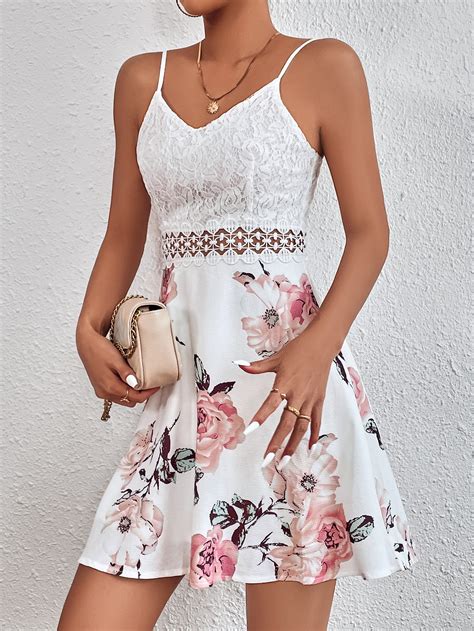 Shein Vcay Floral Print Guipure Lace Insert Cami Dress Shein Eur