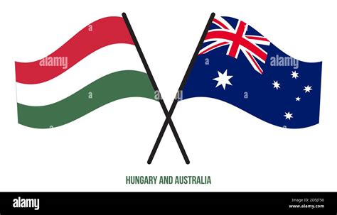 Hungary And Australia Flags Crossed And Waving Flat Style Official