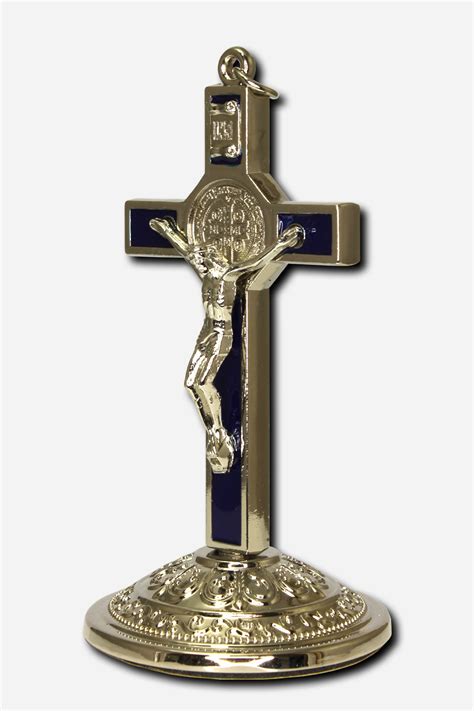 Standing Crucifix With Saint Benedict Nickel And Blue X X Cm