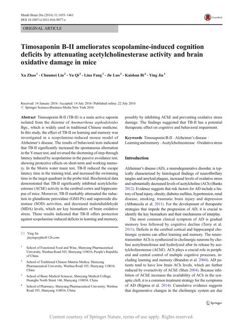 Timosaponin B Ii Ameliorates Scopolamine Induced Cognition Deficits By