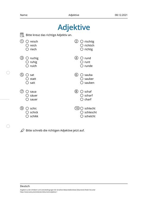 Arbeitsblatt Adjektive Deutsch Tutoryde