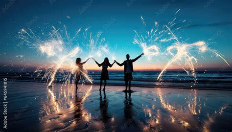 New Year's Eve celebration on the beach with fireworks Stock Photo ...