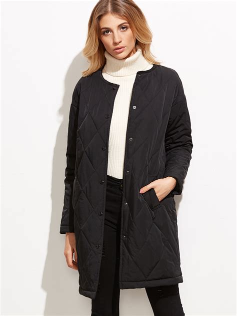 Black Quilted Collarless Single Breasted Coat Shein Sheinside