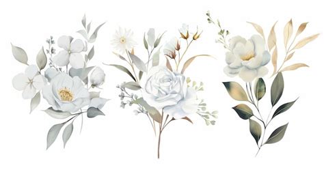 Watercolor White Flowers Set Of Floral Illustration Bouquet White Rose