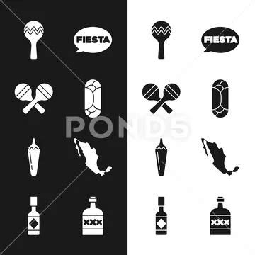 Set Burrito Maracas Fiesta Hot Chili Pepper Pod Map Of Mexican Tequila Clip Art 158627959