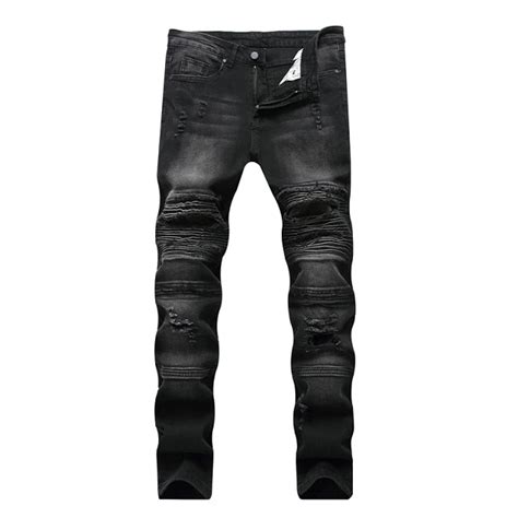 Rock Style Men Jeans Ripped Denim Skinny Biker Pants Grunge Look