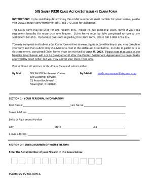 Fillable Online Sig Sauer P Class Action Settlement Claim Form Fax