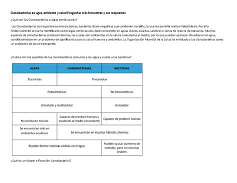 Cianobacterias En Agua Ambiente Y Salud Preguntas Más Frecuentes Y Sus