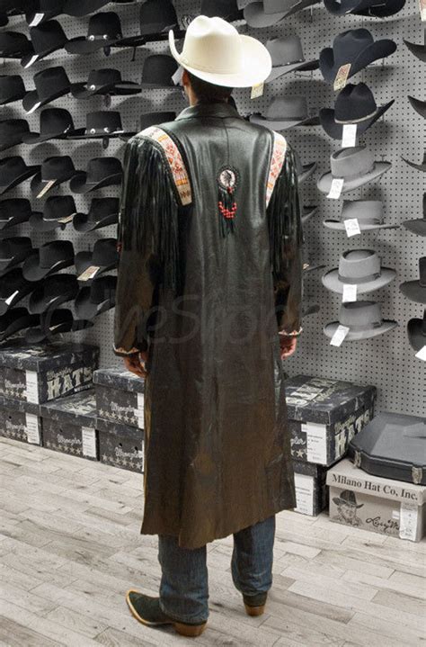 New Mens Native American Black Cowboy Leather Trench Long Coat Fringes Beads Outerwear