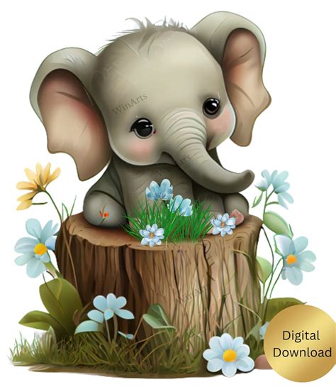 Baby Elephant Art Cute Baby Elephant Sitting on a Log - Etsy