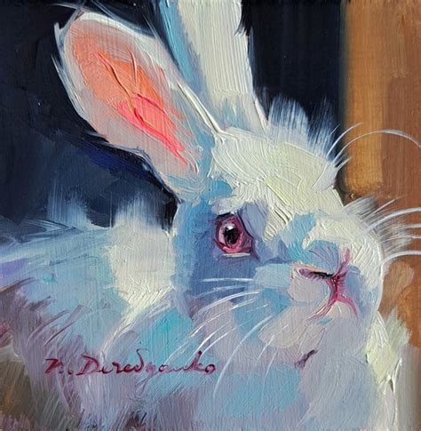 White Rabbit Oil Painting Original Art 4x4 Animal Oil Painting In