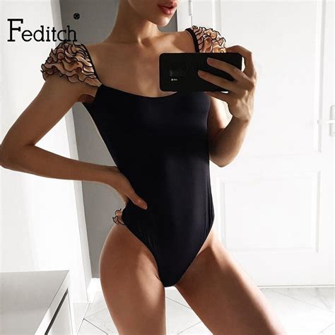 Feditch Ruffle Women Backless Summer Bodysuits Solid Sleeveless Beach