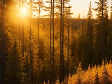 Premium AI Image | Pine forest sunset nature landscape